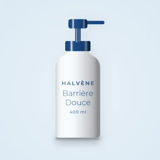 Nettoyant visage exfoliant doux Barrière Douce – Halvène, flacon-pompe 400 ml
