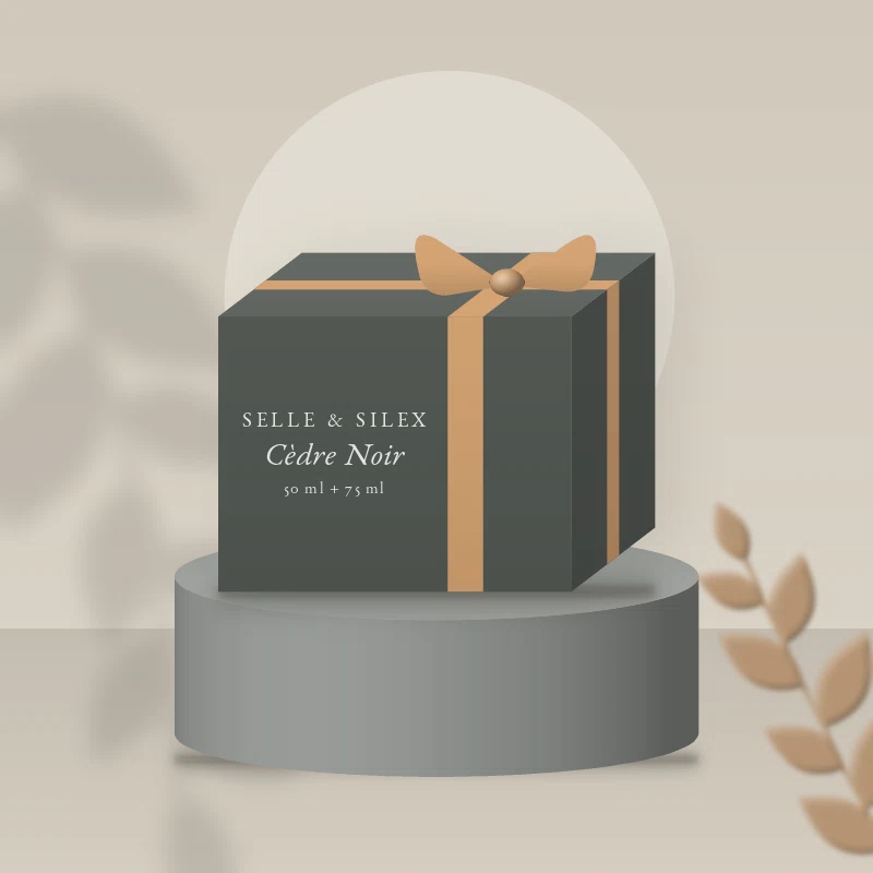 Coffret parfum Cèdre Noir envoûtant – Selle & Silex, photo d'ambiance