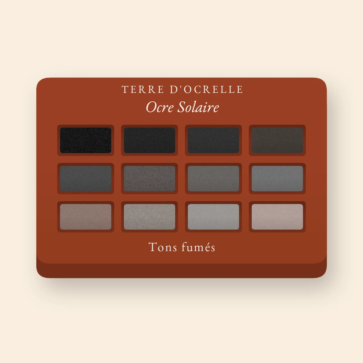 Palette yeux Ocre Solaire à l'huile d'argan – Terre d'Ocrelle, 12 × 1 g, teinte Tons fumés